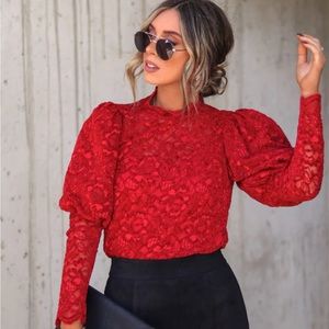Beautiful red lace top with scallop detail on neck and sleeves from VICI.